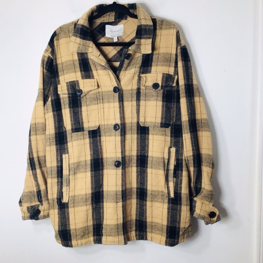 Lucky Brand Shacket women medium tan black plaid cotton